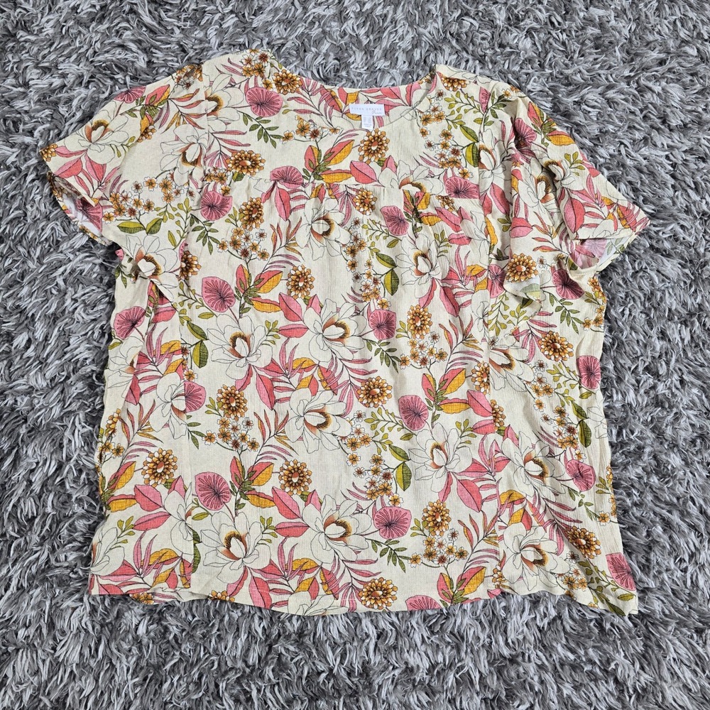 Susan Graver Pure Floral Short Sleeve Boho Blouse Cream Pink 2X 3633